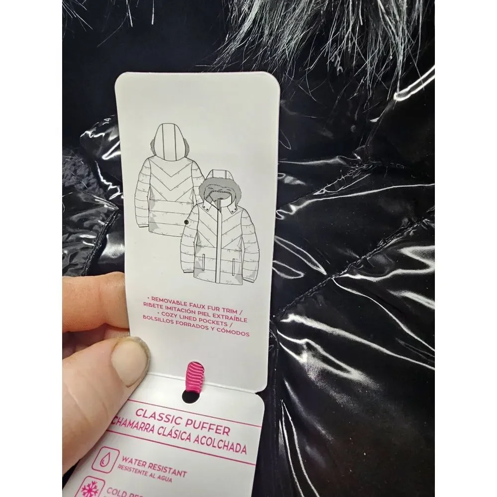 Justice Girls Black Puffer Jacket Hood Sherpa Lined Full‎ Zip Pockets Size S 7/8